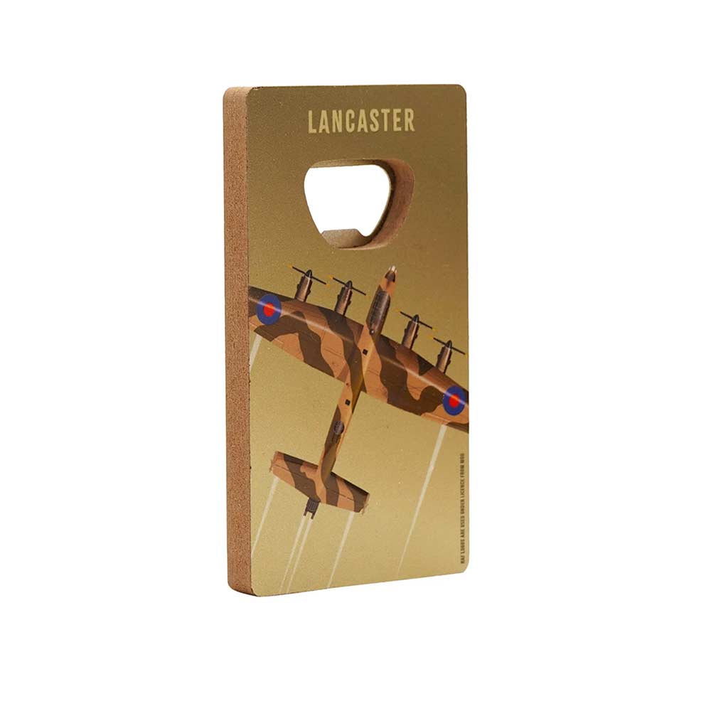 RAF official license Lancaster bottle and fridge magnet with built-in bottle opening slot and a magnetic backing. Side view.