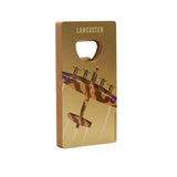 RAF official license Lancaster bottle and fridge magnet with built-in bottle opening slot and a magnetic backing. Side view.