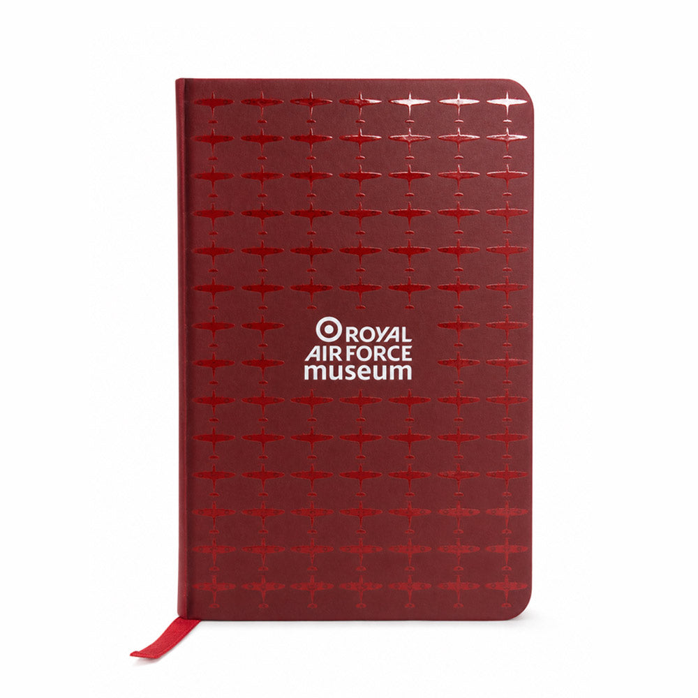 A6 red notebook with an all-over Spitfire pattern with a premium spot gloss varnish finish, featuring a hard PU cover, elastic closure, ribbon page marker, and 96 lined pages.