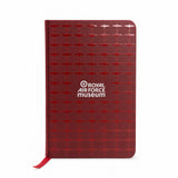 A6 red notebook with an all-over Spitfire pattern with a premium spot gloss varnish finish, featuring a hard PU cover, elastic closure, ribbon page marker, and 96 lined pages.