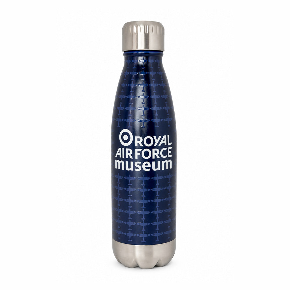 RAF Museum exclusive 500ml stainless steel Spitfire water bottle with an all-over aircraft pattern and spot gloss varnish finish.