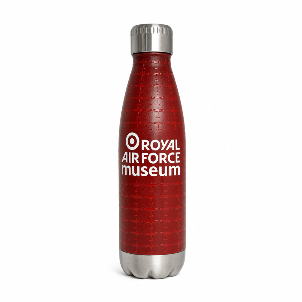 RAF Museum exclusive 500ml stainless steel Spitfire water bottle in red with an all-over aircraft pattern and spot gloss varnish finish.