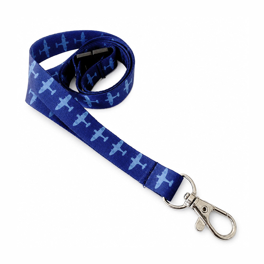 A 15mm navy satin lanyards featuring a Spitfire pattern design.