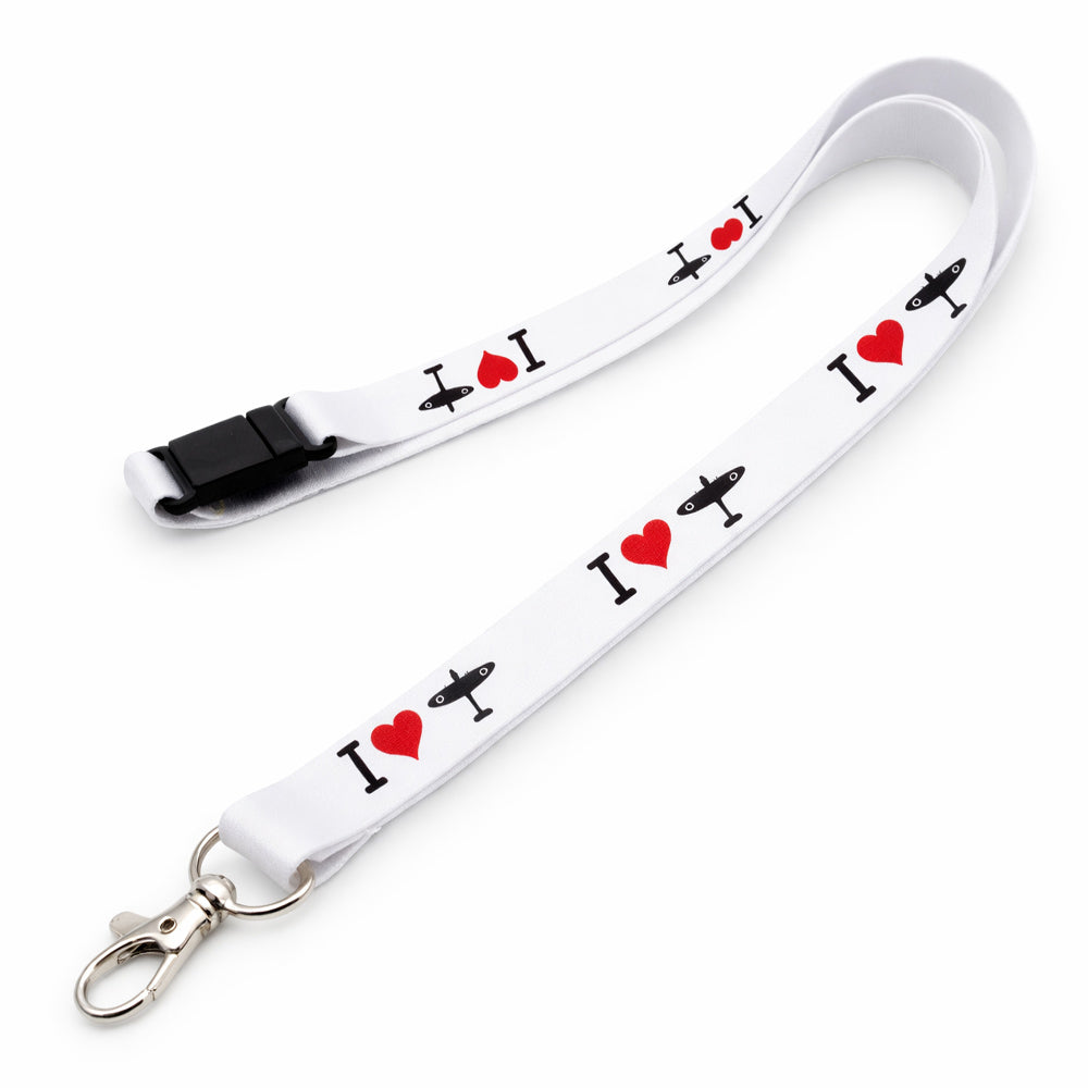 A white lanyard with metal trigger clip and safety breakaway, featuring a I 'heart' Spitfire design.