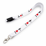 A white lanyard with metal trigger clip and safety breakaway, featuring a I 'heart' Spitfire design.