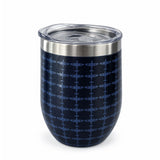 Dark navy blue travel coffee tumbler with a glossy spot-varnished Spitfire pattern, RAF Museum logo, stainless steel rim and clear sliding lid.