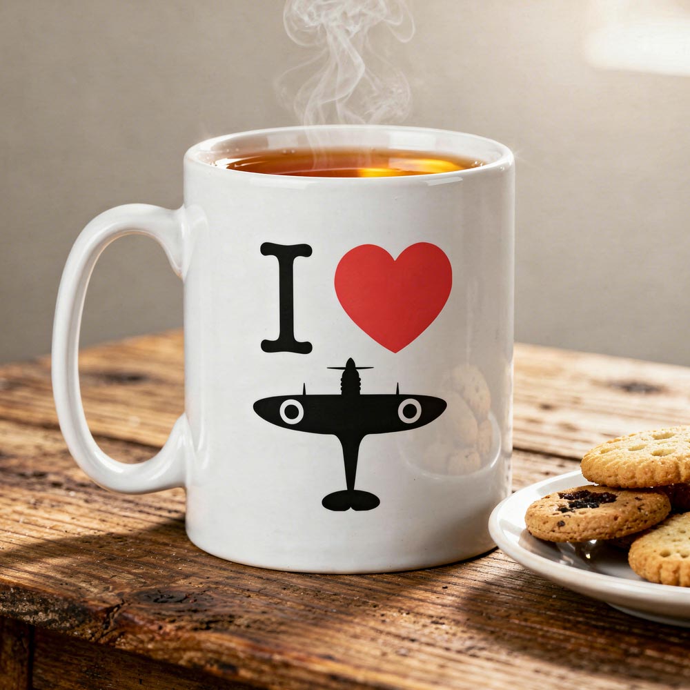 300 ml ceramic mug with an “I Love Spitfire” design, exclusive to the RAF Museum.