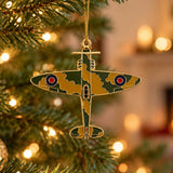 Spitfire Christmas hanging decoration with green and ochre camouflage, RAF roundels, gold edging and a gold hanging cord.