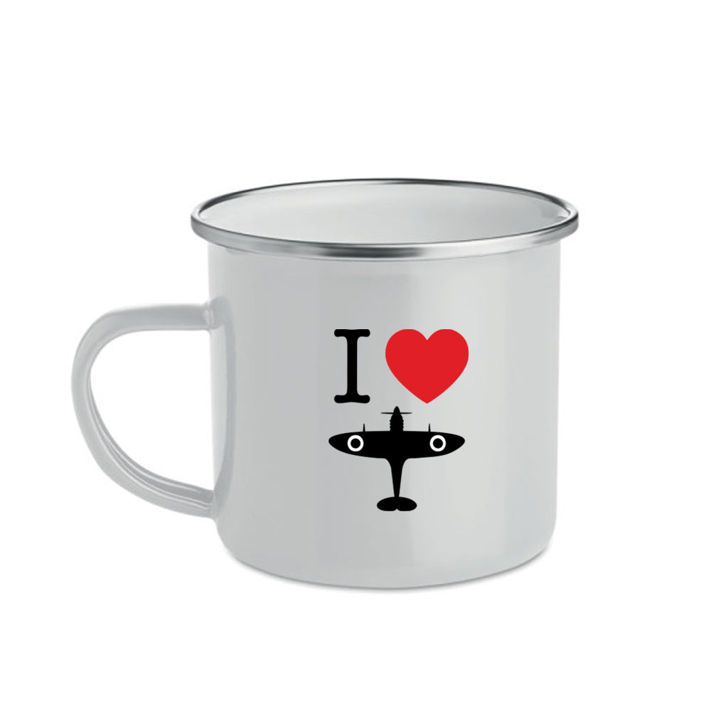 Metal vintage mug with enamel finish, featuring "I Love Spitfire" design, exclusive to the RAF Museum.