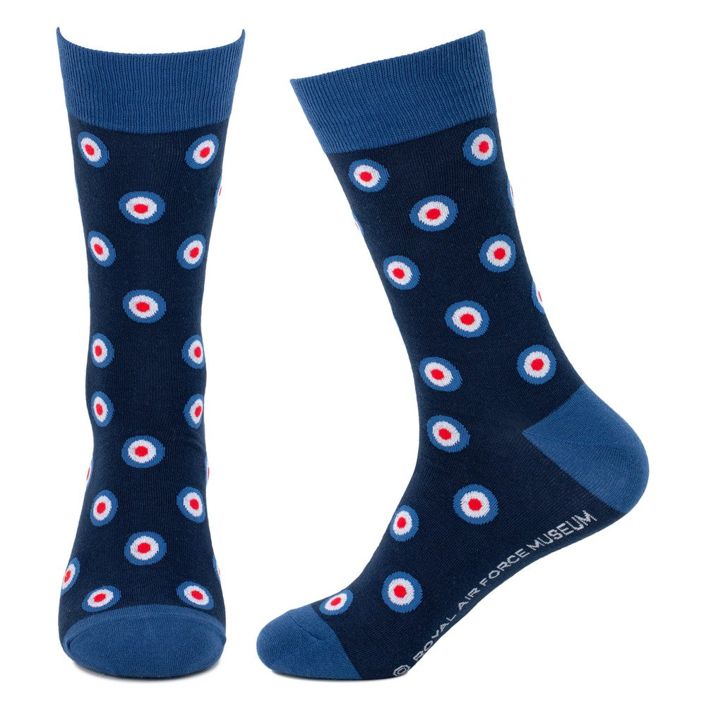 Navy men's socks with an all-over RAF roundel pattern, featuring contrasting blue heel, toe and cuff.
