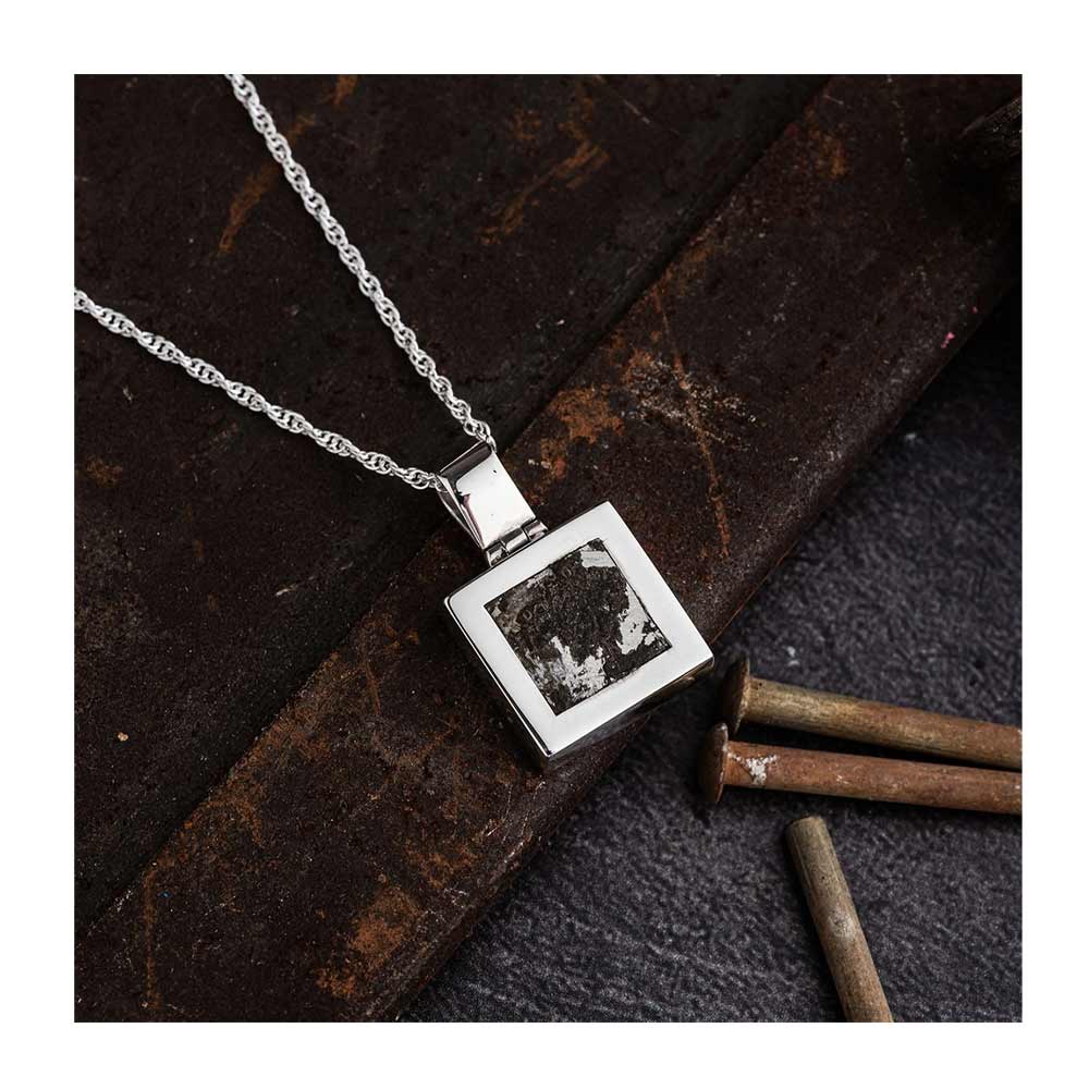 Genuine authentic fuselage metal reclaimed from the historic Avro Lancaster Bomber DV345, made into a square pendant 15mm x 15mm on 18 inch chain.