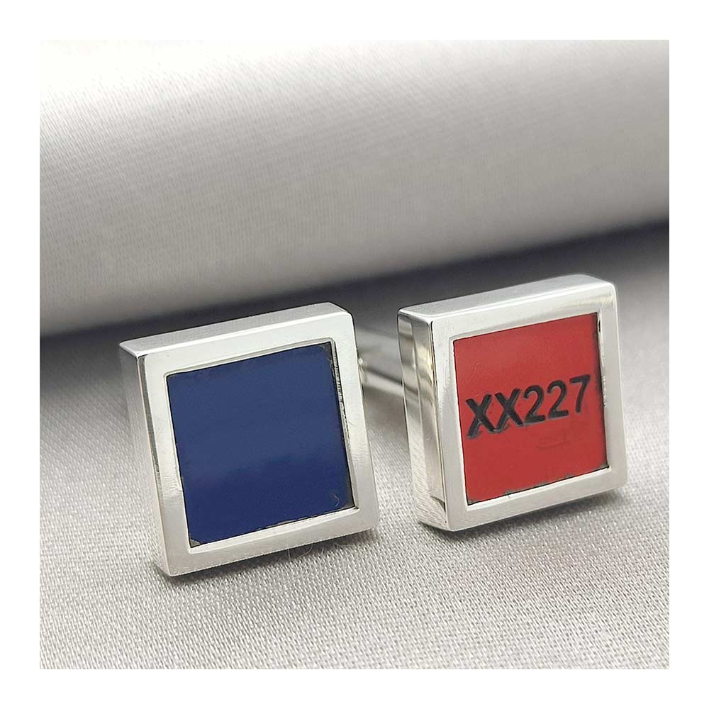 Red Arrows Hawk T.1A XX227 red and blue cufflinks with aircraft number XX227 engraved on the red cufflink. Sterling Silver.