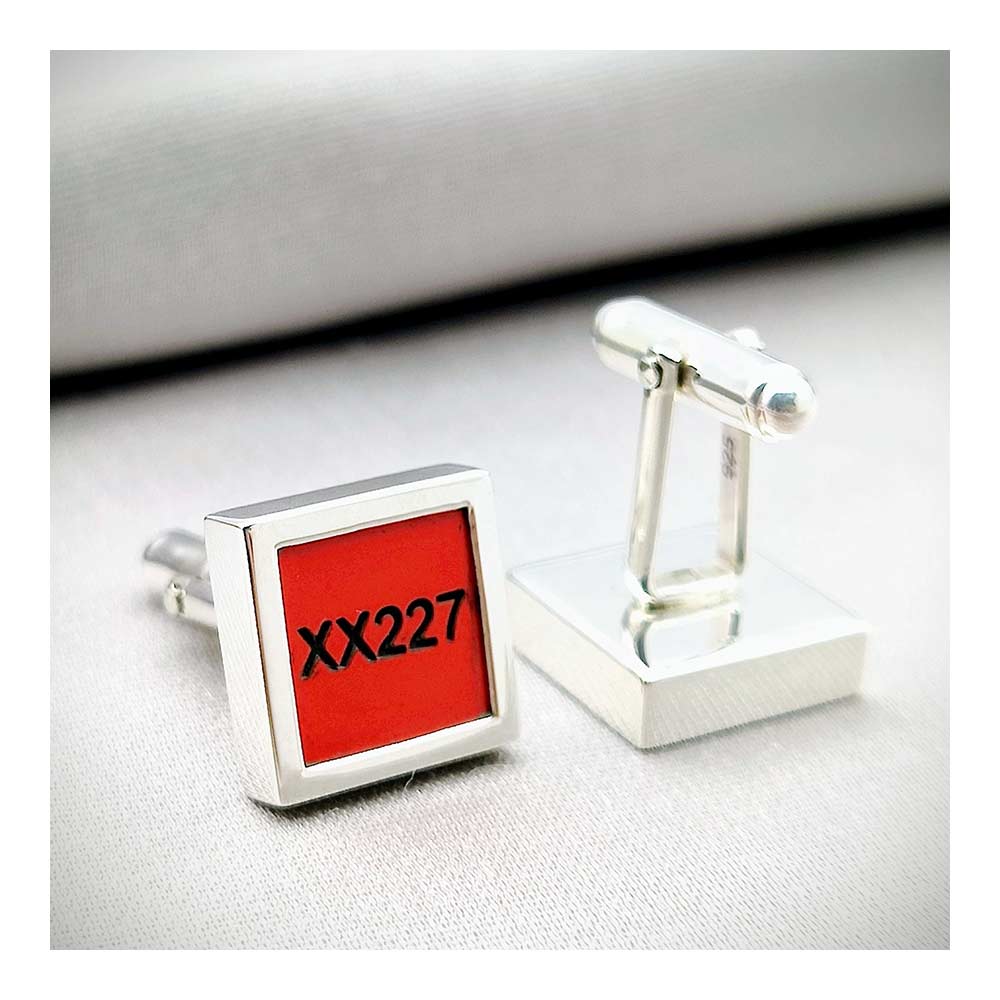 Red Arrows Hawk T.1A XX227 with aircraft number XX227 engraved on the red cufflink. Sterling Silver.