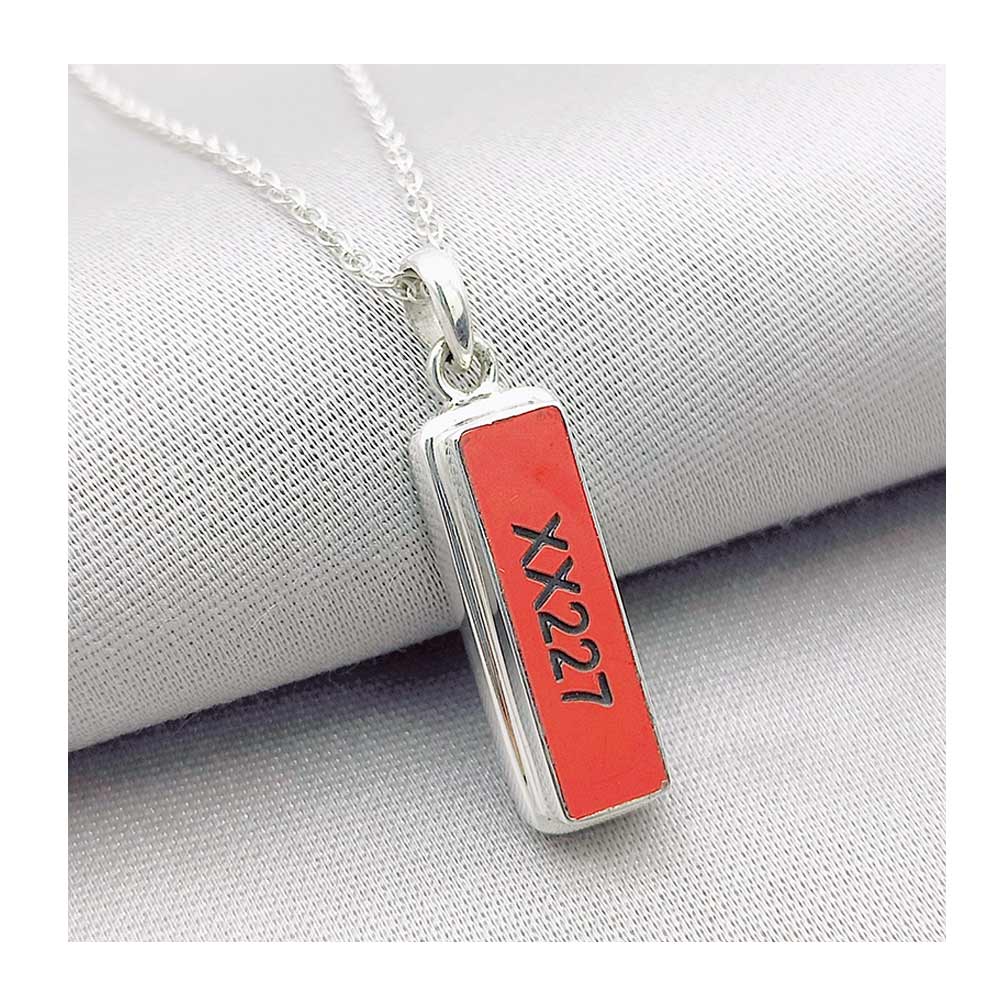 Red Arrows Hawk rectangle pendant engrave with serial number XX227 crafted from original section of the aircraft's rudder. On 18" Silver chain.