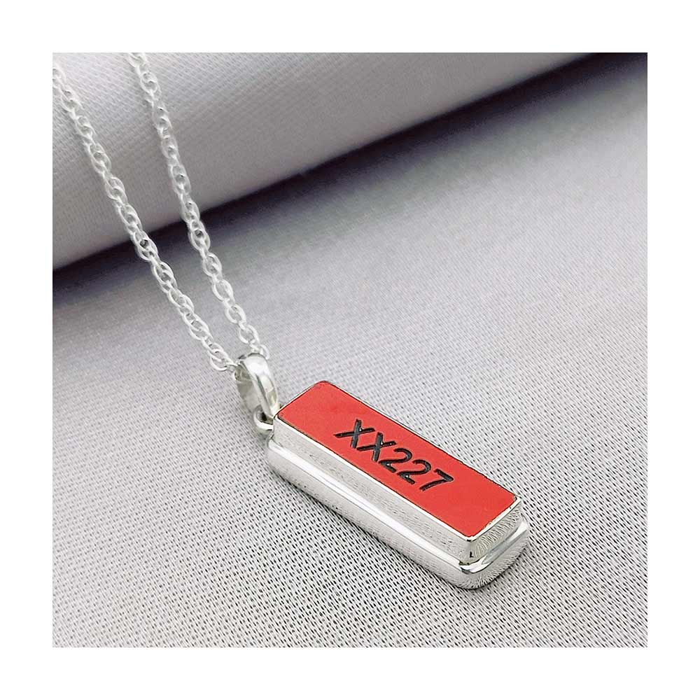 Red Arrows Hawk rectangle pendant engrave with serial number XX227 crafted from original section of the aircraft's rudder. On 18" Silver chain.