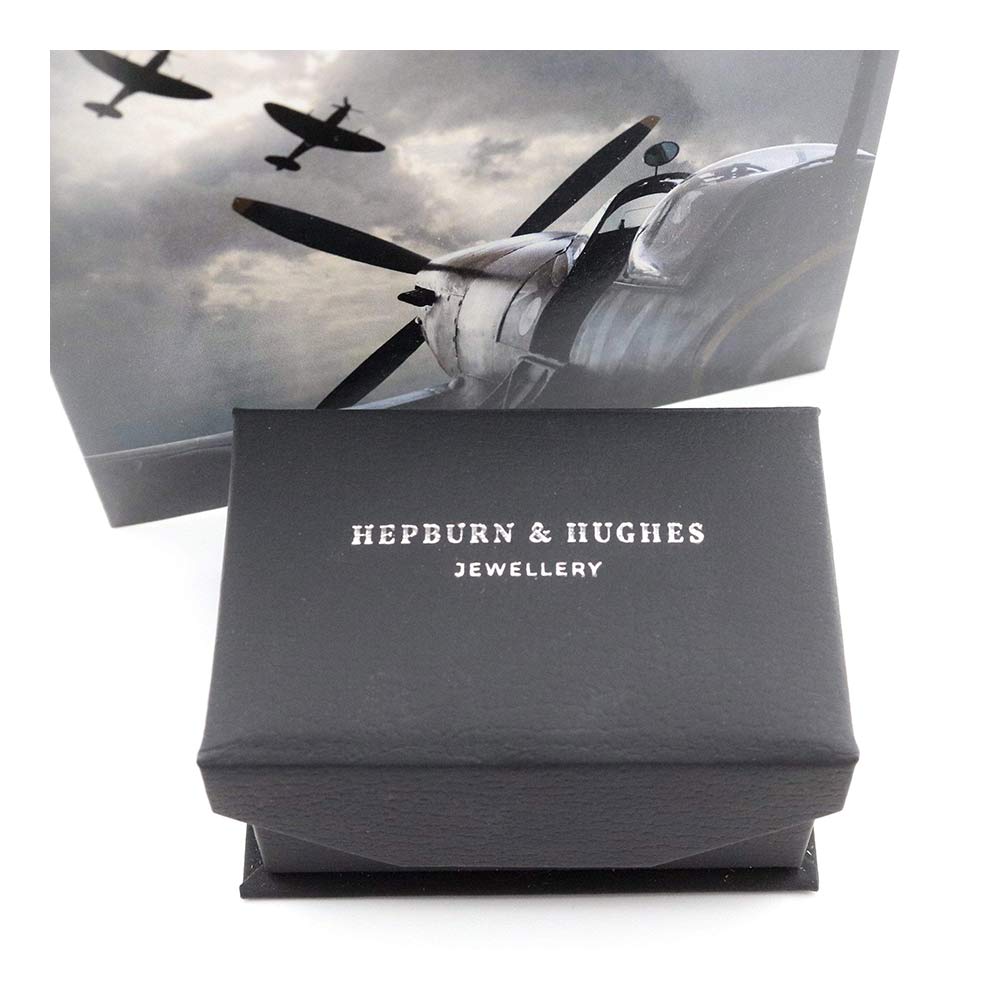 Spitfire Square shape cufflinks jewellery box with the aircraft images picture in background.