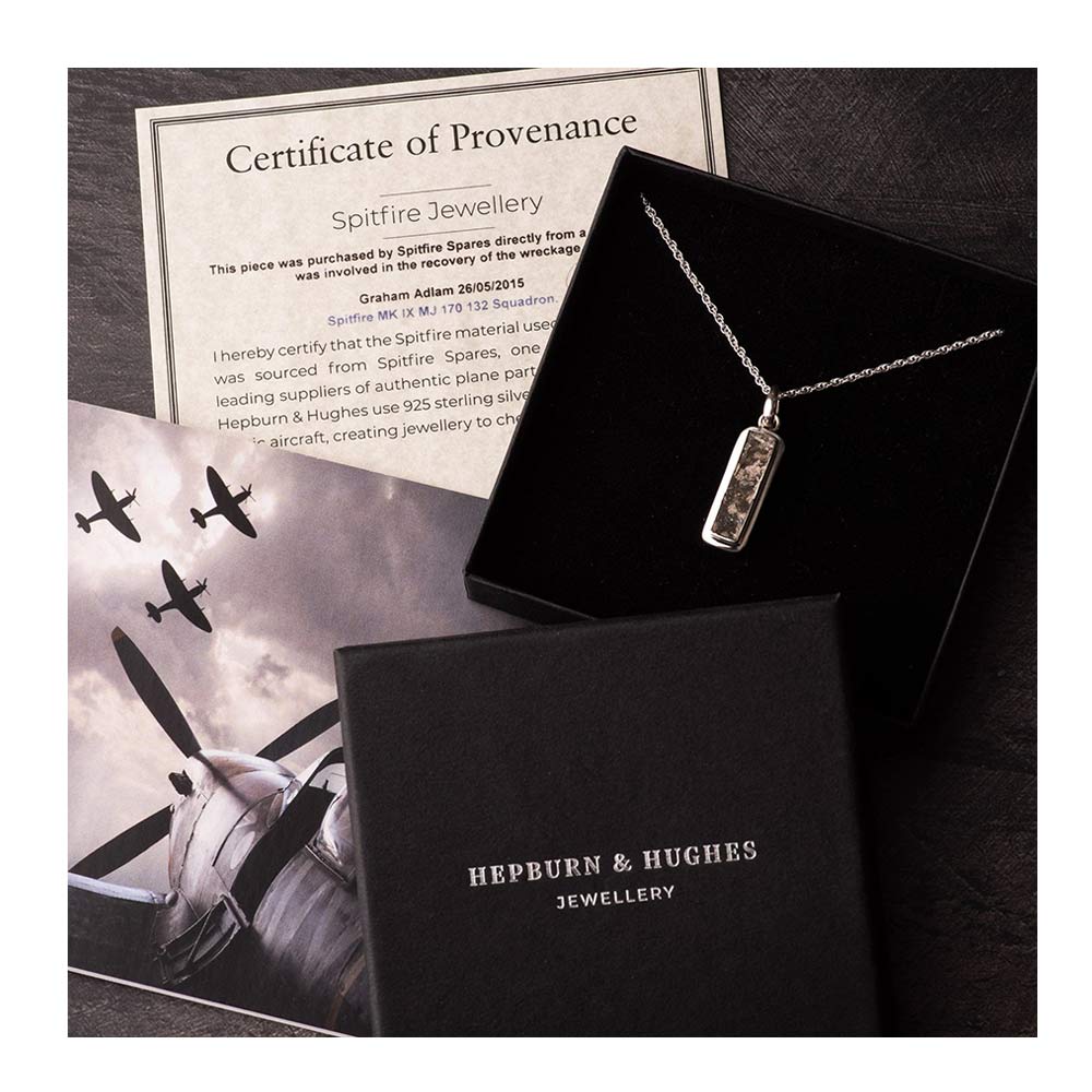 Spitfire pendant Rectangle shape with certificate of provenance, photo of Spitfire and gift box displayed.
