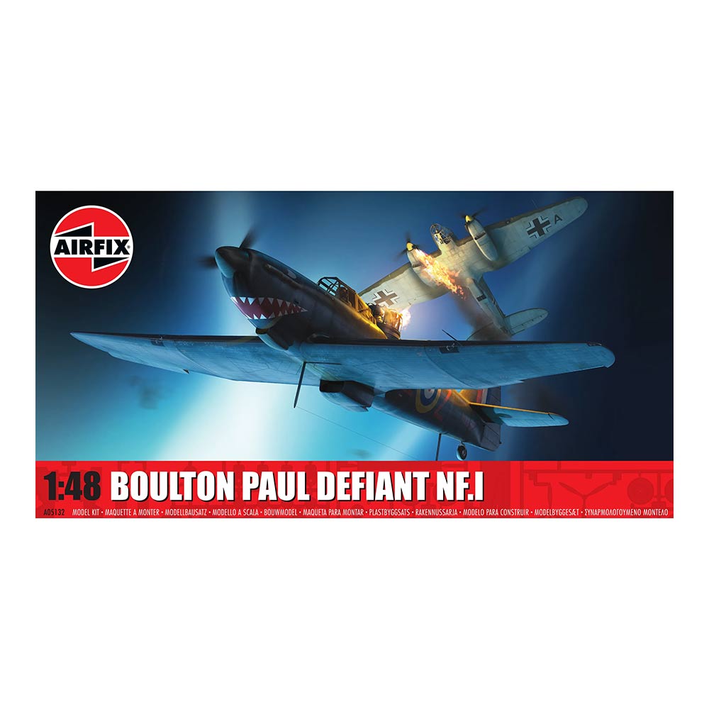 A Airfix box model image airplane displaying Bouton Paul Defiant MK II, showcasing its detailed design. 1:48 scale model kit