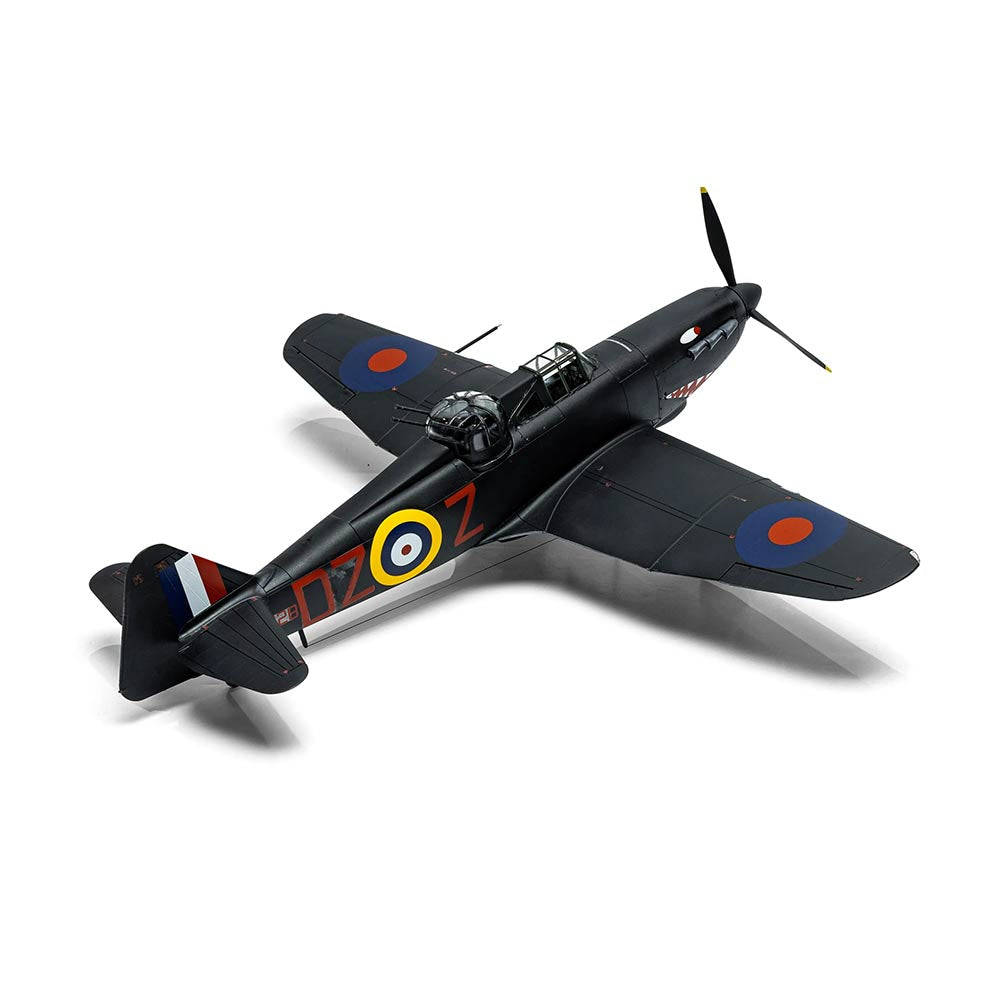 A Airfix model airplane displaying Bouton Paul Defiant MK II, showcasing its detailed design. 1:48 scale model.
