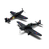 Two Airfix model airplane displaying Bouton Paul Defiant MK II, showcasing its two scheme detailed design. 1:48 scale model.