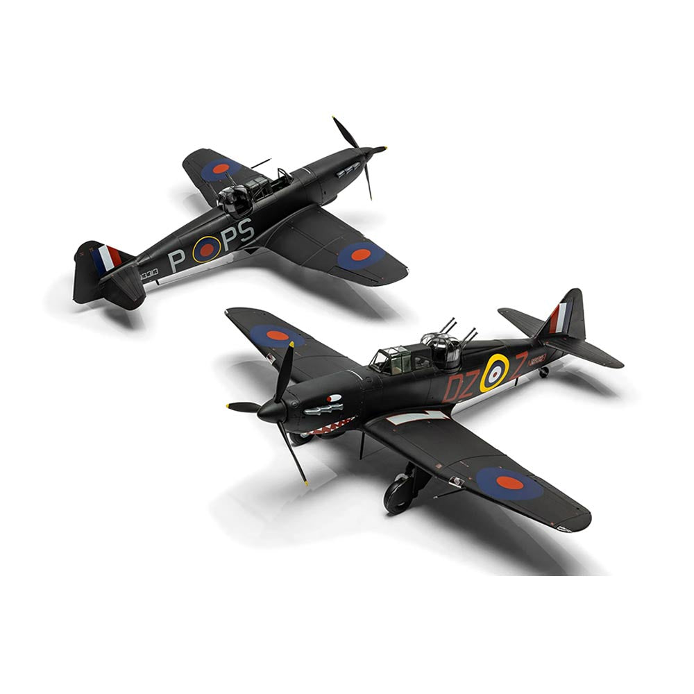 Two Airfix model airplane displaying Bouton Paul Defiant MK II, showcasing its two scheme detailed design. 1:48 scale model.