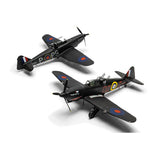 Two Airfix model airplane displaying Bouton Paul Defiant MK II, showcasing its two scheme detailed design. 1:48 scale model.