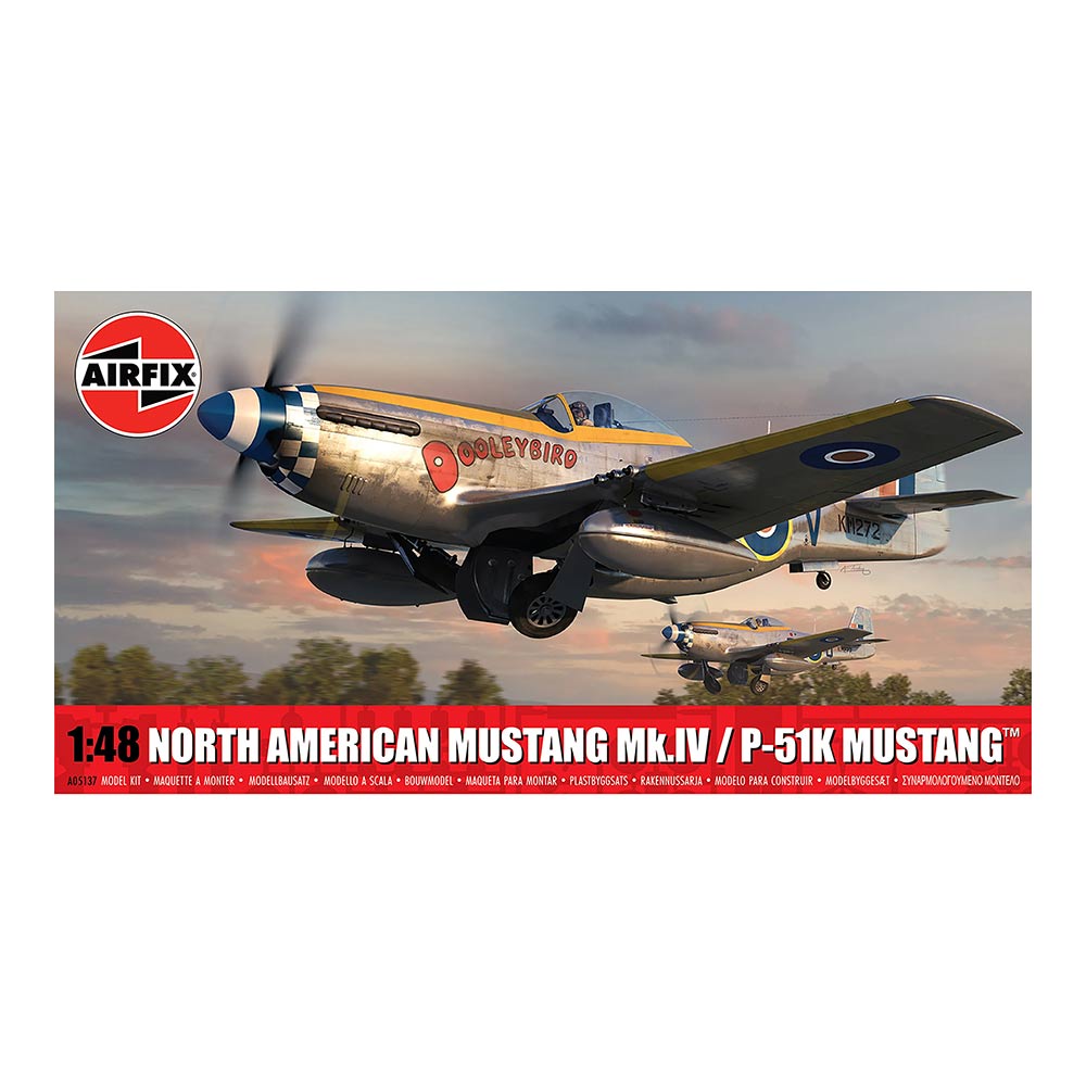 Airfix 1/48 scale model of a P-51 Mustang MK-V A-36-N-1, showcasing detailed aircraft design and paint scheme.
