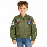  Kids Olive Green Flight Jacket Replica, Inspired by classic US MA1 military design. With 7 x Sewn-on badges iconic replica patches: Top Gun, US Flag, Tom Cat, F14, US Airborne, Fighting 31, and Ace 1.