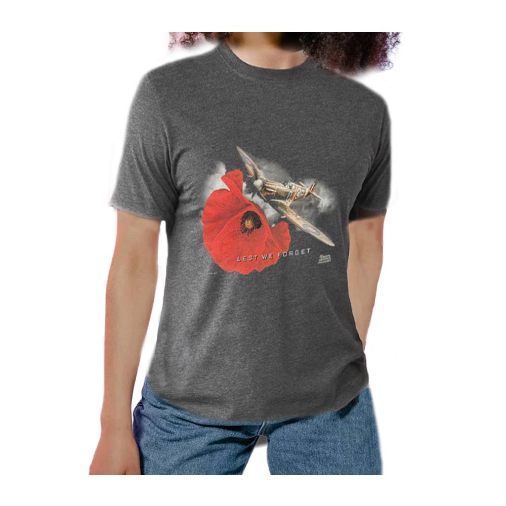 A classic charcoal heather t-shirt featuring the bold Spitfire Poppy design worn by a woman model.