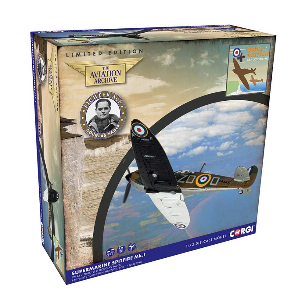 Corgi Supermarine Spitfire Mk.I model airplane box with aviation archive branding.