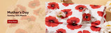 Mother's Day promotional banner with red poppy patterned fabric and jewelry on a wooden surface.