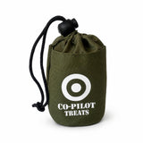 Olive green dog treat bag featuring Co-Pilot and RAF roundel on the front, with drawstring closure and Velcro attachment loop.