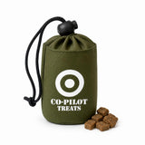 Olive green dog treat bag featuring Co-Pilot and RAF roundel on the front, with drawstring closure and Velcro attachment loop.