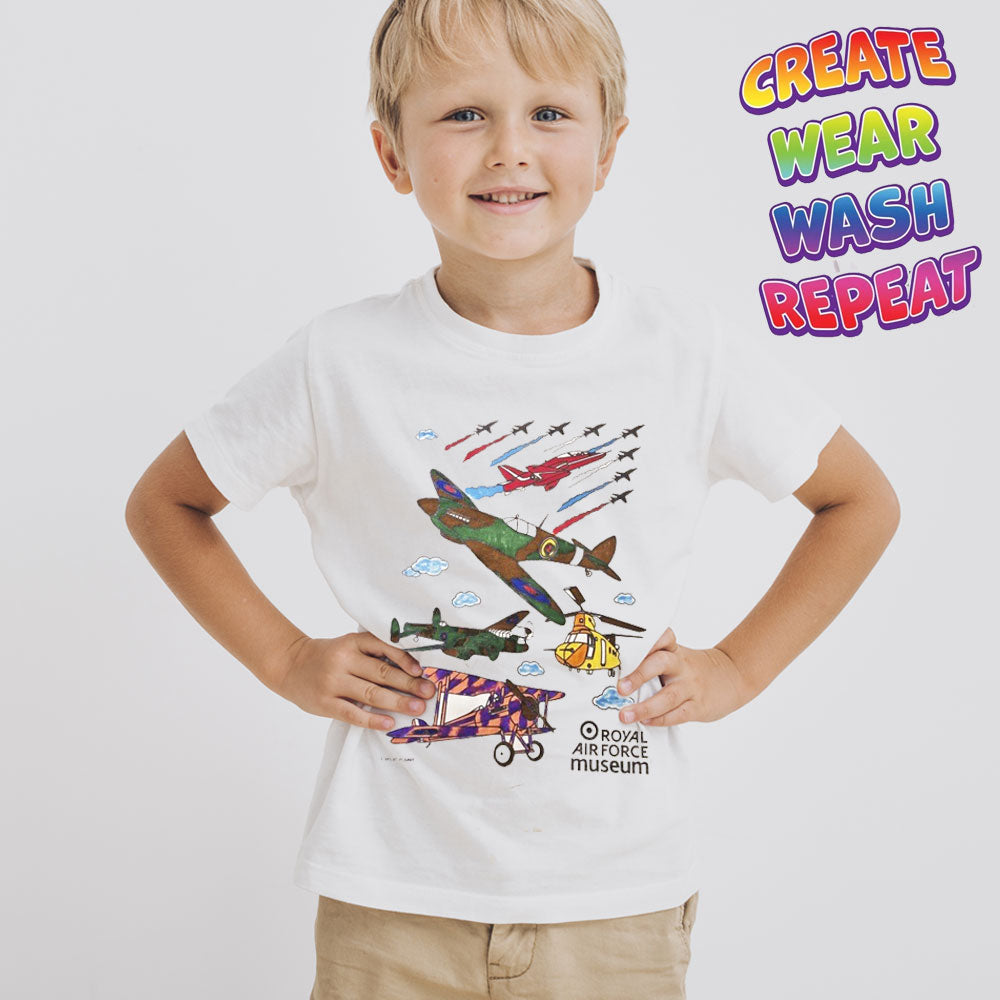 Create, Wear, Wash, Repeat,  RAF Museum aircraft colour in T-shirt.
Each pack includes a T-shirt and a set of 10 magic non-toxic pens.