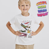 Create, Wear, Wash, Repeat,  RAF Museum aircraft colour in T-shirt.
Each pack includes a T-shirt and a set of 10 magic non-toxic pens.