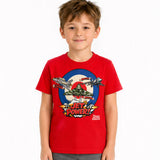 Child model wearing a bright red Royal Air Force Museum Jet Power T-shirt featuring colourful aircraft illustrations and bold aviation graphics.