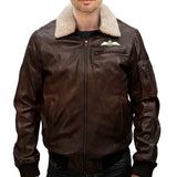 A durable brown leather aviator jacket with multiple zip pockets, a detachable fleece collar, and an embroidered RAF Wings badge above the left chest pocket. Designed exclusively for the Royal Air Force Museum