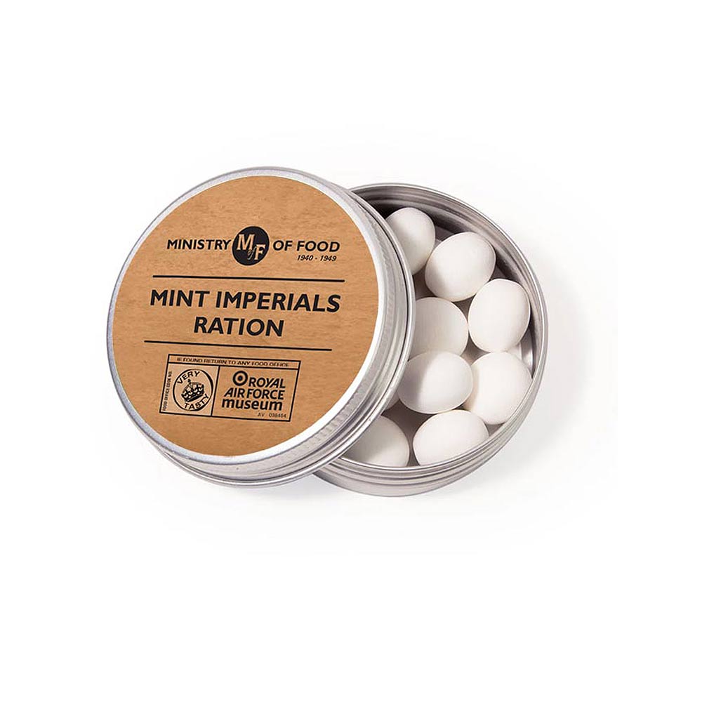Ration Mint Imperials in crisp, hard-shelled mints, packed in round travel mini tin.