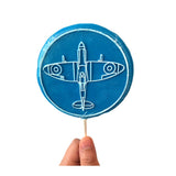 Spitfire airplane design round blue lollipop.