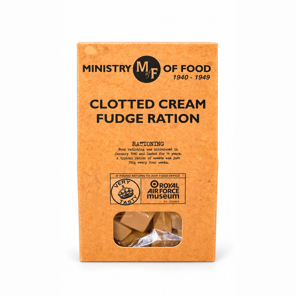 A box of clotted cream fudge featuring gift packaging designed to look like a Second World War ration book.