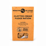 A box of clotted cream fudge featuring gift packaging designed to look like a Second World War ration book.