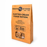 A box of clotted cream fudge featuring gift packaging designed to look like a Second World War ration book.