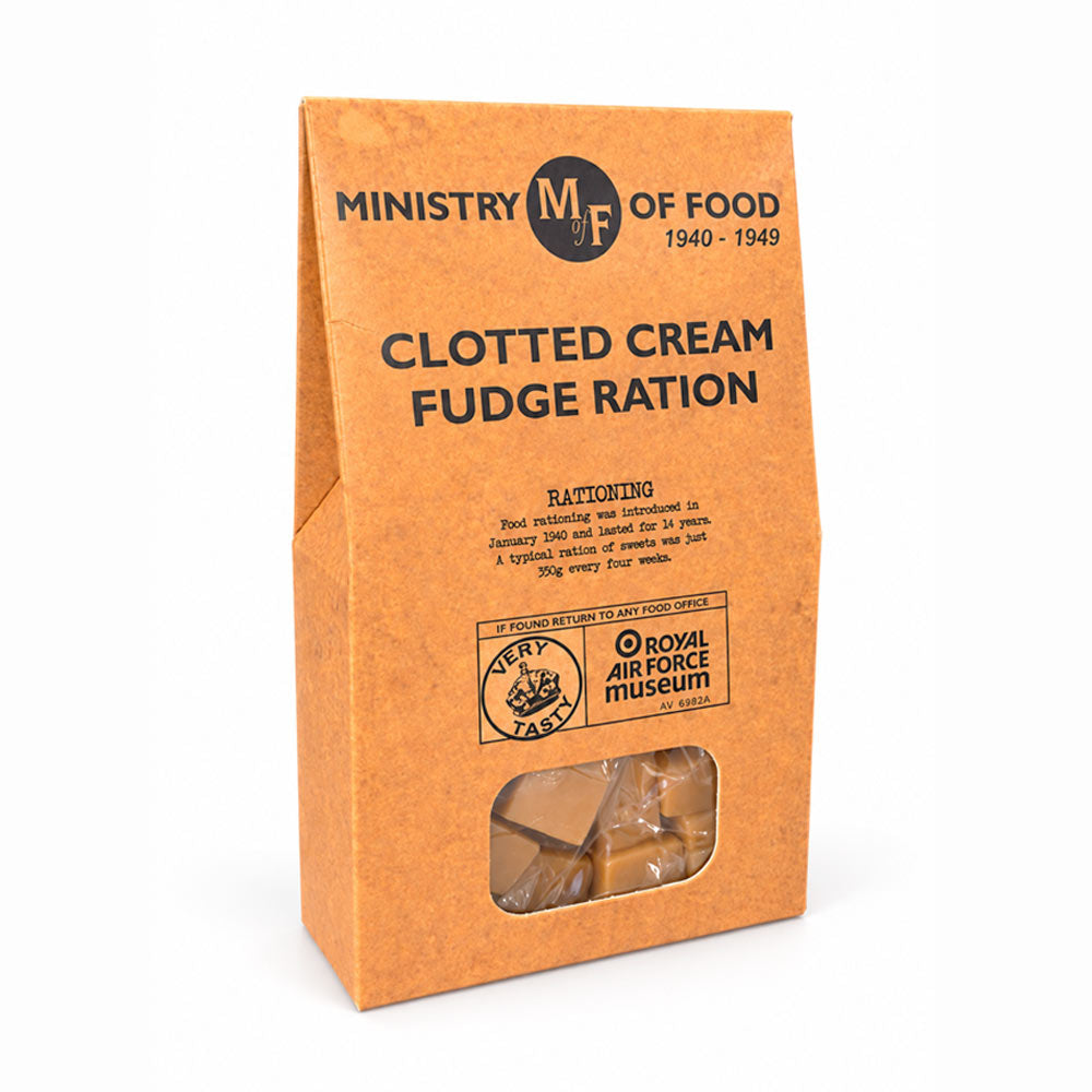 A box of clotted cream fudge featuring gift packaging designed to look like a Second World War ration book.