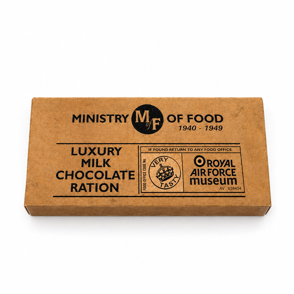 Indulgent milk chocolate bar presented in gift packaging inspired by the ration books of Second World War.