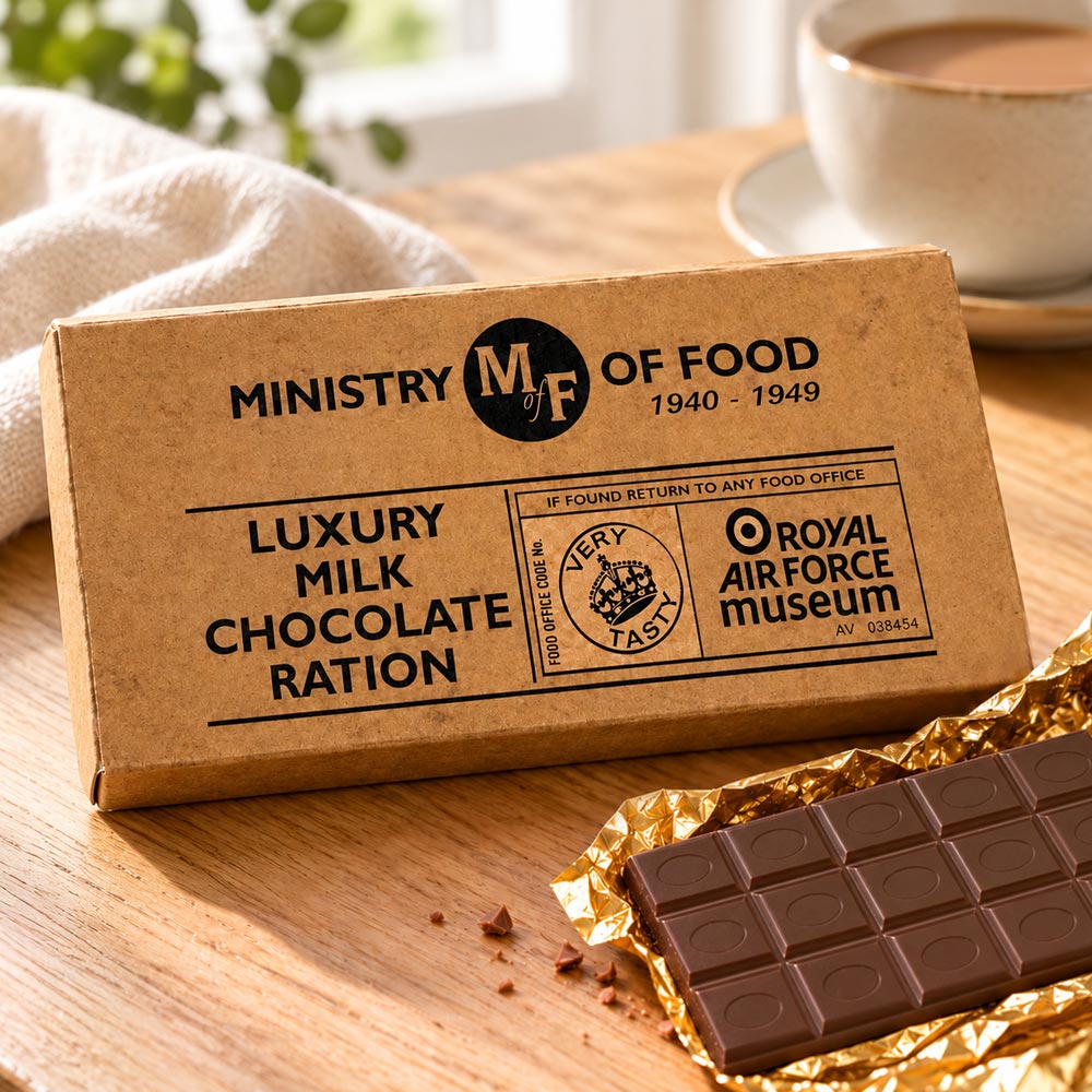 Indulgent milk chocolate bar presented in gift packaging inspired by the ration books of Second World War.