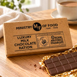 Indulgent milk chocolate bar presented in gift packaging inspired by the ration books of Second World War.