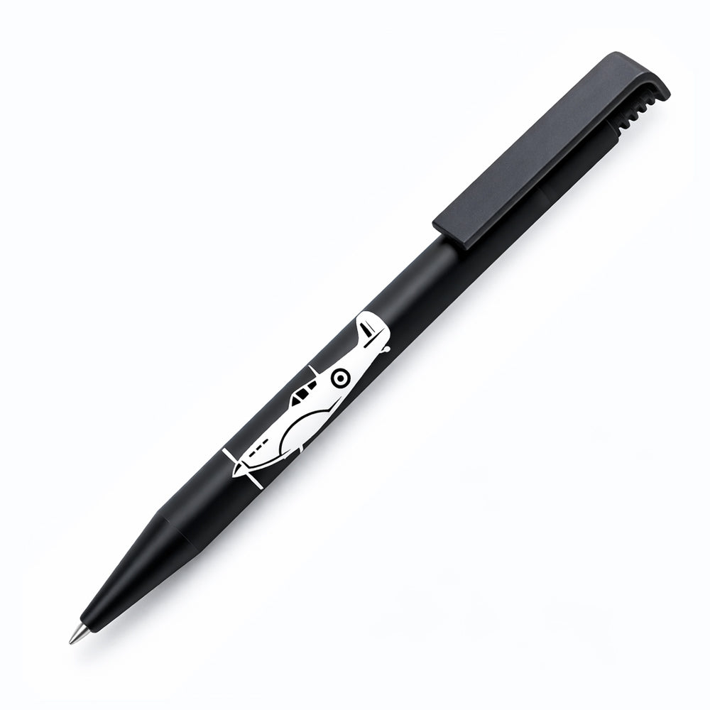 An eco-friendly black ink ballpoint pen made from recycled plastic, featuring a Spitfire aircraft design