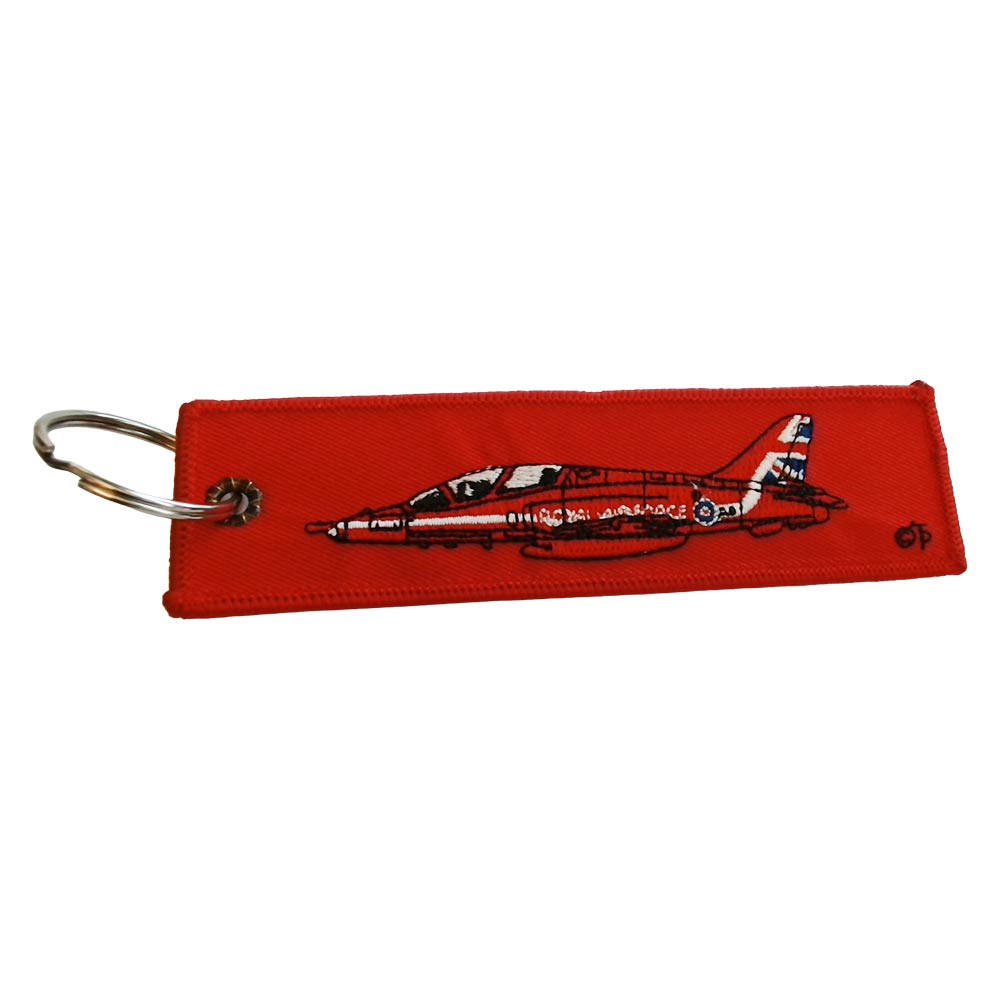 Red Arrow embroidered Keyring. One side features the famous BAE Hawk aircraft. On the reverse is the official Red Arrows logo and the diamond 9 formation.