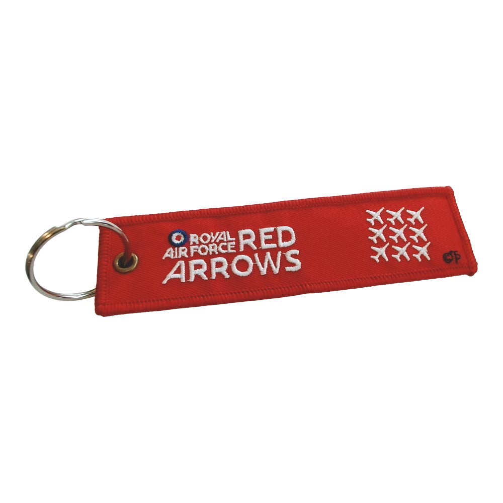 Red Arrow embroidered Keyring. One side features the famous BAE Hawk aircraft. On the reverse is the official Red Arrows logo and the diamond 9 formation.