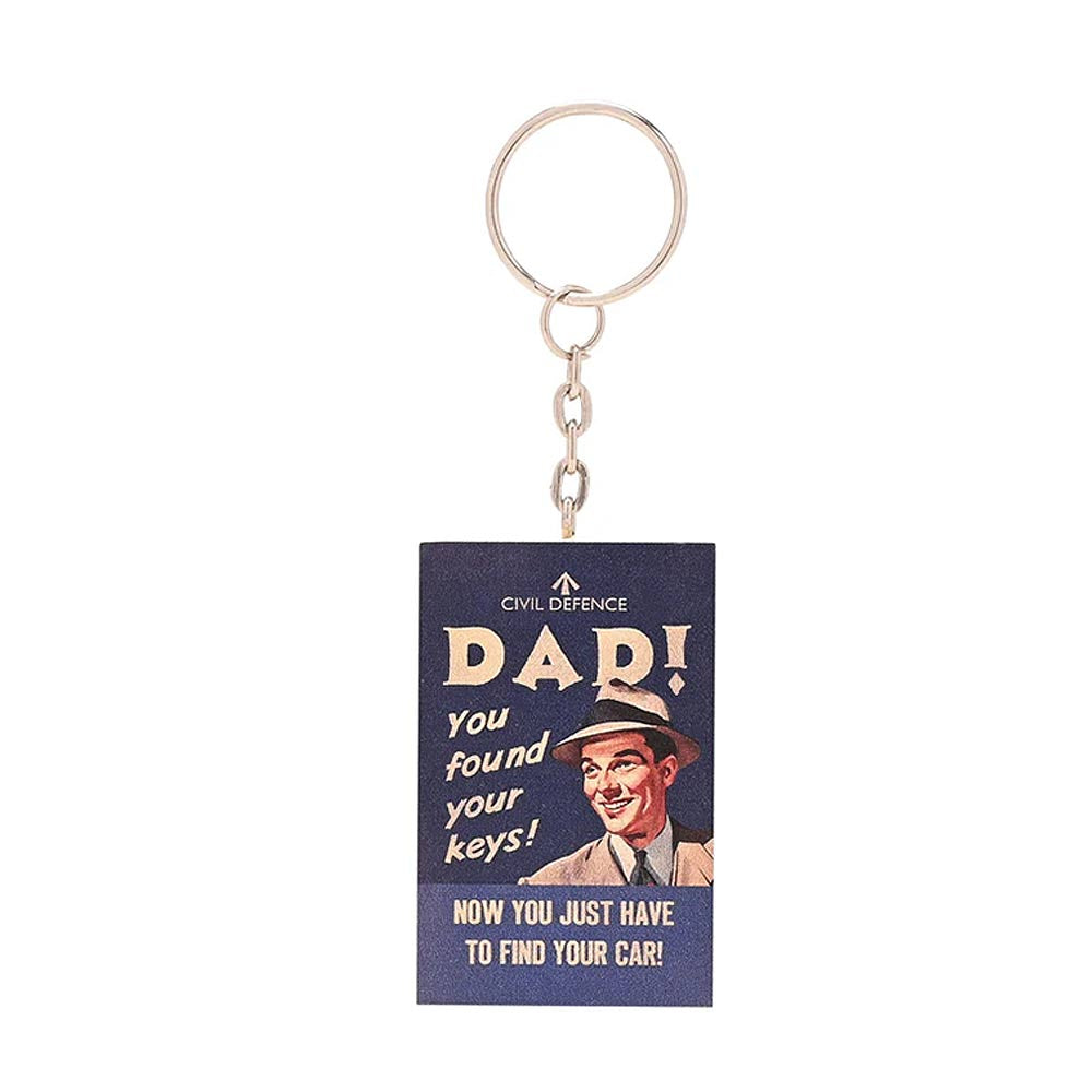 Civil Defence Dad Keyring inspired by classic wartime posters with the slogan Dad! You found your keys!